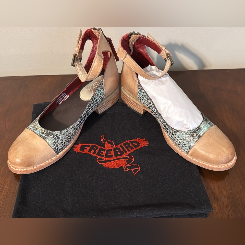 Freebird Tan and Snake Print Ankle Strap Flats
